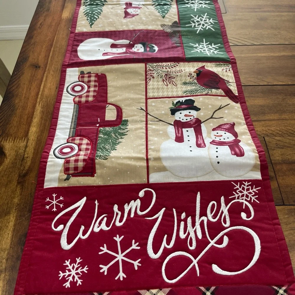 St. Nicholas Square Patchwork Snowman‎ Red Truck Snow Table Runner 13 x 36